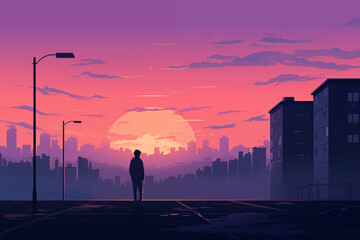 City Dreams in Pastel Hues: Lofi Minimalism with Silhouetted Buildings, Light Poles, and a Subtle Urban Twilight