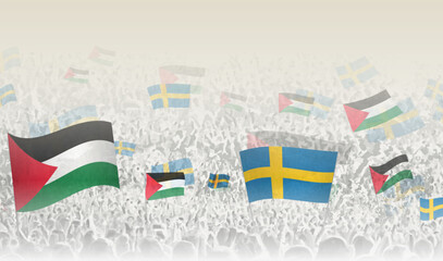 Palestine and Sweden flags in a crowd of cheering people.