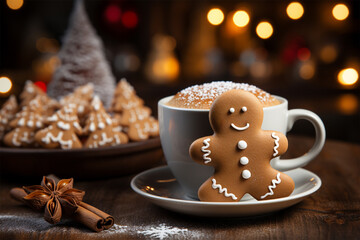 Christmas gingerbread cookies, holiday decorations and hot chocolate with cream in a mug on a Christmas background, close-up