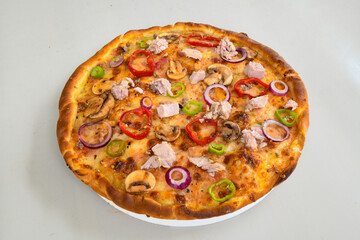 Delicious mixed pizza with rich content. Menu concept of choice and diversity. Pepperoni, Formaggi, Veggie, Karisik pizza