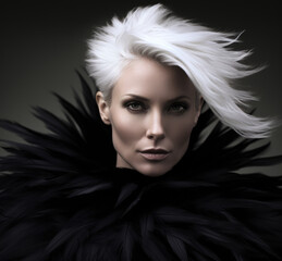 Fashion portrait of a young beautiful extreme blonde with a fashionable hairstyle wearing feather clothes. Fashion and beauty.