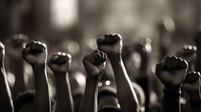Black and white image of people holding up their fists, AI