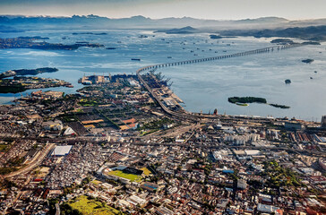 Aerial viewof the Caju suburb and Rio-Niteroi Bridge and Port of the Rio in the Guanabara Bay, Rio...