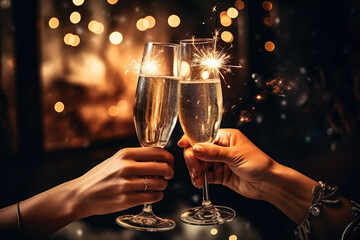 People celebrating Christmas of New Year with sparkling wine of champagne.