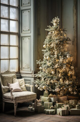 Fototapeta na wymiar Christmas tree with gifts in a stylish interior. Christmas or New Year celebration concept.