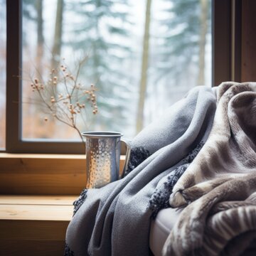 Blanket on window sill, AI