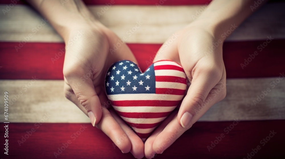 Canvas Prints Woman's hands holding a heart shaped american flag, AI