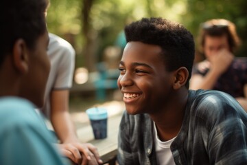 A black-skinned african american adolescent teenage boy enjoying spending quality time with friends, engaging in conversation, laughter, outdoor activities together. Generative AI.