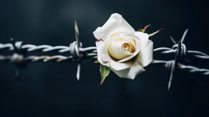  A single white rose is sitting on a barbed wire fence, AI © starush