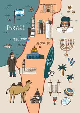 Travel Israel landmarks vector map poster.