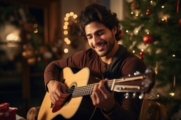 A young man playing a tune on a classical guitar during a holiday gathering, evoking the cultural diversity and artistry of festive celebrations.