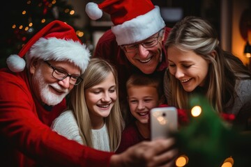 A cheerful Christmas video call with family members of diverse ages and backgrounds, uniting virtually to exchange holiday greetings and smiles. - Powered by Adobe