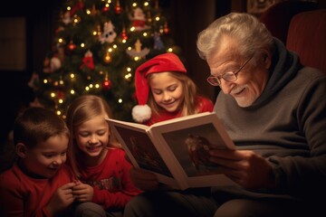 A grandfather reading a Christmas story to their grandchildren, with the holiday spirit shared across generations.