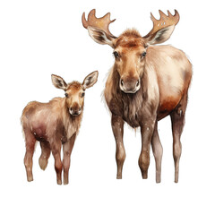 Fototapeta premium Baby moose and mother moose, isolated on white background, transparent 