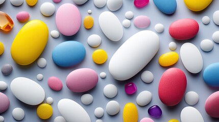 A background of various colored minerals. Abstract composition of rounded multicolored stones on a flat surface.