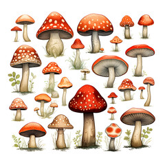 set of a variety of fungi mushrooms