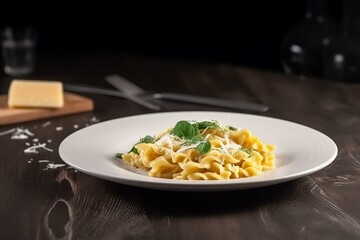 Pasta with cheese on plate. Generative AI