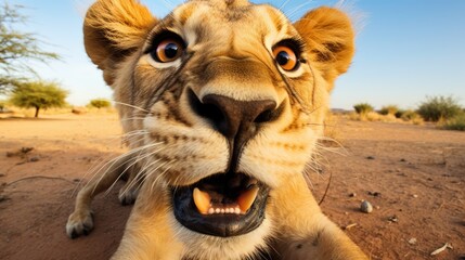 Close-up of a funny lioness looking at the camera. The animal in its natural environment. Natural...