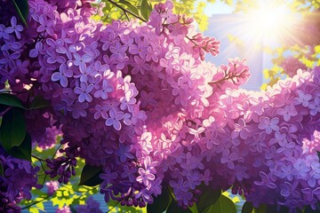 Multiple purple lilacs in the air, illuminated by sunlight. Generative AI