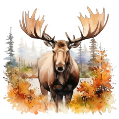 Moose, in the forest, during fall. Watercolor illustration, transparent background PNG
