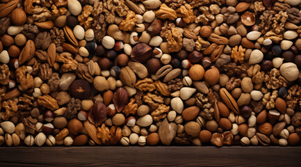  Image of many different types of nuts сlose-up.
Pistachios, walnuts, peanuts, almonds.