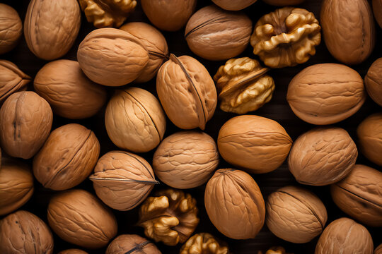 Image of many walnuts closed-up.