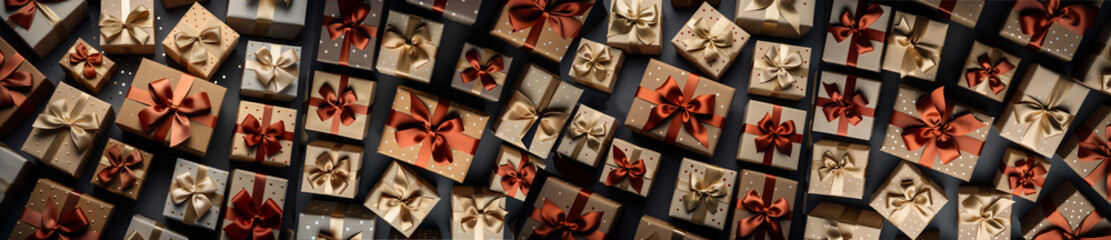 Image of a lot of gift boxes arranged on a dark background, as a symbol of holidays, shopping, birthday, etc..Horizontal image
