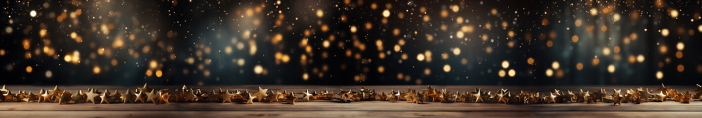 Horizontal holiday card with golden glowing stars on a wooden surface. Can be used as a banner, gift card for Happy New Year, Christmas, and other holidays. - obrazy, fototapety, plakaty