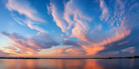 Fototapeta premium Dynamic skyscape, clouds forming shapes of mythical creatures, painted in acrylic, vibrant pastel palette