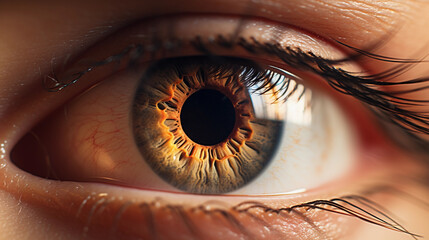 Extreme close-up of a human eye, abstract, focus on individual lashes and iris details, warm earth tones