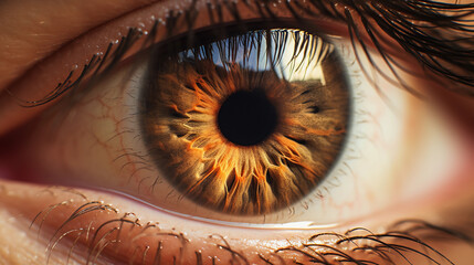 Extreme close-up of a human eye, abstract, focus on individual lashes and iris details, warm earth tones