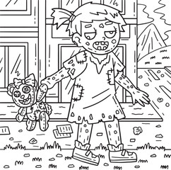 Obraz na płótnie Canvas Zombie Girl with Plushie Coloring Pages for Kids