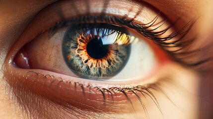 Extreme close-up of a human eye, abstract, focus on individual lashes and iris details, warm earth tones