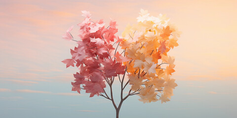 Friendship in an abstract floral setting, two trees intertwined, colorful leaves representing different personalities, dreamy pastel sky