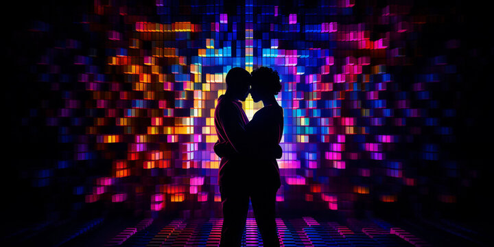 Friendship in the digital age, abstract pixel art of two avatars hugging, retro 8-bit style, glowing neon grid background