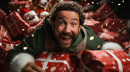 Joyful dad wearing elf costume and preparing Christmas presents. Christmas theme. - obrazy, fototapety, plakaty