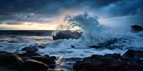 Fototapeta premium Ocean waves during a storm, cubist representation, fragmented and angular, extreme shutter speed for dramatic effect