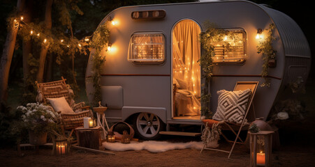 Living on the road Concept. Caravan Camping RV Area in the dreamy evening.