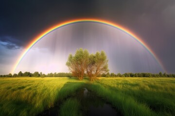 Naklejka premium Rainbow over field, AI generated
