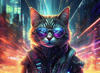 illustration d'un chat au pelage tigré portant des lunettes et une attitude punk rock sur un fond de décor d'une ville la nuit	
