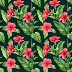 Fotobehang Tropische Bladeren Tropical seamless pattern, Leaves and red flowers, tropic plants on white background, watercolor botanical illustration  © Hanna