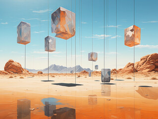 Surreal desert landscape, floating geometric shapes, strong contrast between warm and cool colors, oil on canvas texture