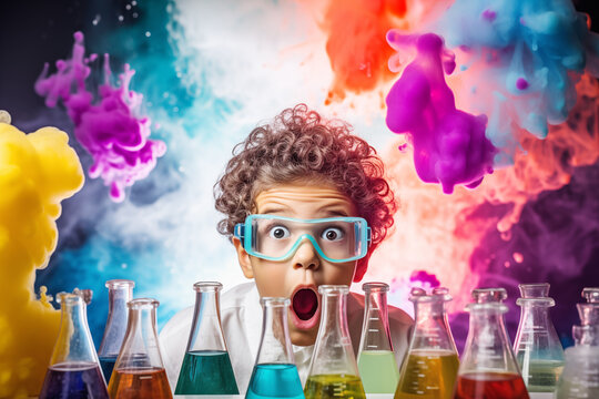 Surprised Child Boy Observing Colorful Chemical Reaction