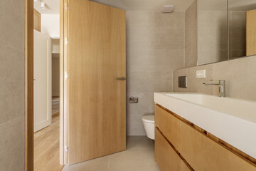 Image of a bathroom with a white resin sink with steel faucets on a wooden cabinet with large drawers underneath