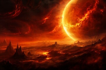 Fiery sun with blazing flames and lava, resembling a planet consumed in a storm of solar fire. Generative AI