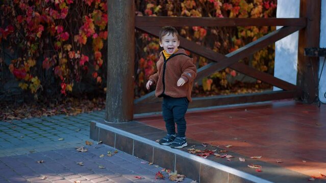 Smiling lovely baby boy on the porch in autumn. Cheerful kid jumps off the stair and goes up again.