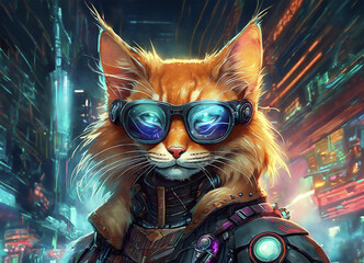 illustration d'un chat au pelage roux portant des lunettes et une attitude cyber punk rock sur un fond de décor d'une ville la nuit - obrazy, fototapety, plakaty