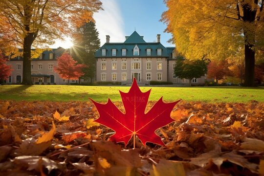 Image of Otterburn Park in Quebec, Canada, with the Canadian maple leaf in the foreground. Generative AI