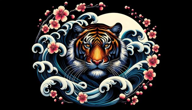 This image features a striking illustration of a tiger's face centered in a circle with a stylized backdrop of swirling blue waves and pink cherry blossoms against a black background, evoking traditio