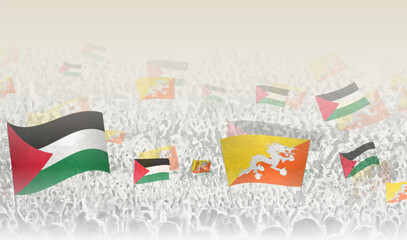 Palestine and Bhutan flags in a crowd of cheering people.